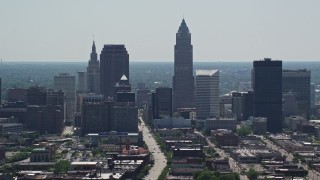 AX106_199E - 4.8K aerial stock footage of skyscrapers in Downtown Cleveland, Ohio