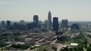 AX106_201 - 4.8K aerial stock footage of skyline of Downtown Cleveland, Ohio
