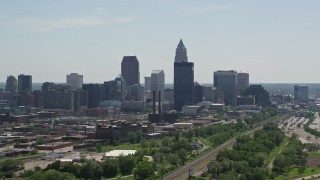 AX106_201E - 4.8K aerial stock footage of skyline of Downtown Cleveland, Ohio