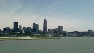 AX106_205 - 4.8K stock footage aerial video of the skyline and waterfront in Downtown Cleveland, Ohio