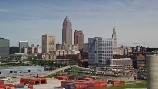AX106_212E - 4.8K aerial stock footage of waterfront, bridge and skyline in Downtown Cleveland, Ohio
