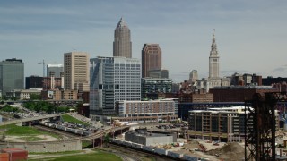 AX106_214 - 4.8K aerial stock footage of skyscrapers and riverfront buildings in Downtown Cleveland, Ohio