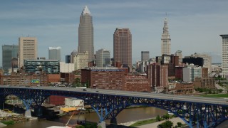 AX106_215 - 4.8K stock footage aerial video of skyscrapers in Downtown Cleveland, Ohio