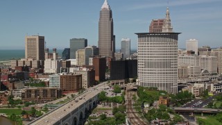 AX106_216E - 4.8K aerial stock footage of skyscrapers and federal courthouse in Downtown Cleveland, Ohio