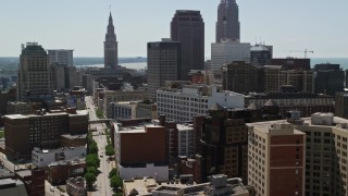 AX106_223E - 4.8K aerial stock footage of skyscrapers and high-rises in Downtown Cleveland, Ohio
