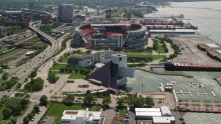 AX106_227E - 4.8K aerial stock footage of the Rock and Roll Hall of Fame in Downtown Cleveland, Ohio