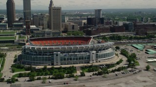 AX106_230 - 4.8K stock footage aerial video orbiting FirstEnergy Stadium, formerly Cleveland Browns Football Stadium in Downtown Cleveland, Ohio