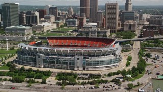 AX106_230E - 4.8K aerial stock footage orbiting FirstEnergy Stadium, formerly Cleveland Browns Football Stadium in Downtown Cleveland, Ohio