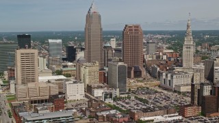 AX106_232E - 4.8K aerial stock footage orbiting skyscrapers in Downtown Cleveland, Ohio