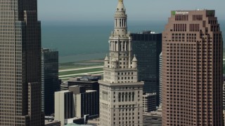 AX106_235 - 4.8K stock footage aerial video orbiting Terminal Tower in Downtown Cleveland, Ohio