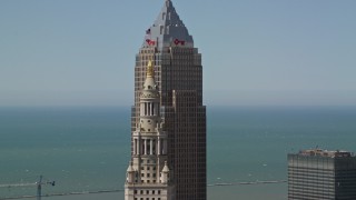 AX106_235E - 4.8K aerial stock footage of Terminal Tower and Key Tower in Downtown Cleveland, Ohio