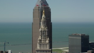 AX106_236 - 4.8K aerial stock footage of Terminal Tower and Key Tower in Downtown Cleveland, Ohio