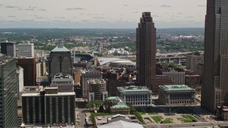 AX106_242E - 4.8K aerial stock footage of Cleveland Public Library and Cleveland Mall in Downtown Cleveland, Ohio