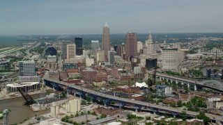 AX106_245 - 4.8K aerial stock footage of skyscrapers in Downtown Cleveland, Ohio