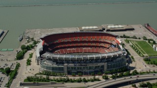 AX106_251 - 4.8K stock footage aerial video of FirstEnergy Stadium, formerly Cleveland Browns Football Stadium in Downtown Cleveland, Ohio