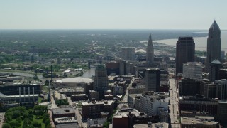 AX106_255 - 4.8K aerial stock footage of Terminal Tower and Progressive Field in Downtown Cleveland, Ohio
