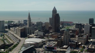AX106_259 - 4.8K aerial stock footage approaching Terminal Tower and 200 Public Square in Downtown Cleveland, Ohio