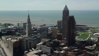 AX106_260 - 4.8K stock footage aerial video flying between Terminal Tower and 200 Public Square in Downtown Cleveland, Ohio