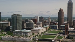 AX106_264E - 4.8K aerial stock footage of skyscrapers and Cleveland Mall in Downtown Cleveland, Ohio