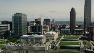 AX106_266 - 4.8K aerial stock footage flying by Cleveland City Hall and Cleveland Mall, Downtown Cleveland, Ohio