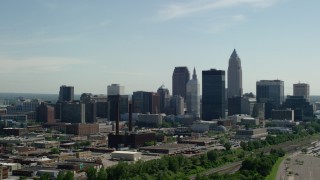 AX107_001 - 4.8K stock footage aerial video of Downtown Cleveland skyline, Ohio