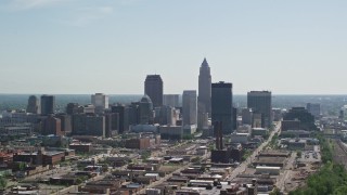 AX107_001E - 4.8K aerial stock footage of Downtown Cleveland skyline, Ohio