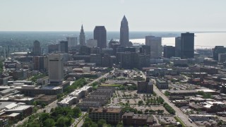 AX107_004E - 4.8K aerial stock footage of Downtown Cleveland skyscrapers and Cleveland State University, Ohio