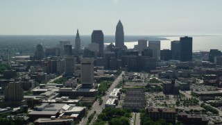 AX107_005 - 4.8K aerial stock footage of Downtown Cleveland and Cleveland State University, Ohio