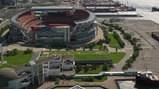 AX107_012 - 4.8K stock footage aerial video orbiting FirstEnergy Stadium, formerly Cleveland Browns Football Stadium, Ohio