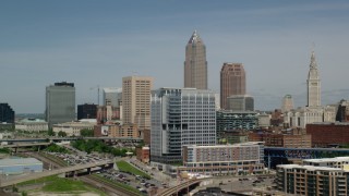 AX107_017 - 4.8K stock footage aerial video of Downtown Cleveland skyline, Ohio