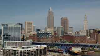 AX107_018 - 4.8K aerial stock footage approaching Downtown Cleveland skyline, Ohio