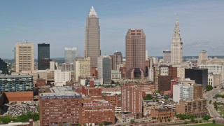 AX107_018E - 4.8K aerial stock footage approaching Downtown Cleveland skyline, Ohio