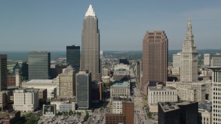 AX107_021 - 4.8K aerial stock footage flying by Key Tower and 200 Public Square, Downtown Cleveland, Ohio