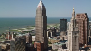AX107_022E - 4.8K aerial stock footage flying by Key Tower and Terminal Tower, Downtown Cleveland, Ohio