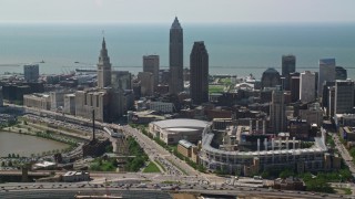 AX107_027E - 4.8K aerial stock footage of Progressive Field in Downtown Cleveland, Ohio