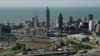 AX107_031 - 4.8K stock footage aerial video of Downtown Cleveland and Lake Erie, Ohio