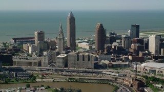 AX107_032 - 4.8K aerial stock footage of Terminal Tower and Tower City Station, Downtown Cleveland, Ohio
