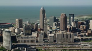 AX107_033 - 4.8K stock footage aerial video of Terminal Tower and Key Tower, Downtown Cleveland, Ohio