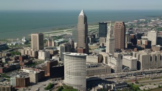 AX107_034 - 4.8K aerial stock footage of Key Tower and Terminal Tower, Downtown Cleveland, Ohio