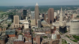 AX107_036 - 4.8K stock footage aerial video of Downtown Cleveland skyscrapers and high-rises, Ohio