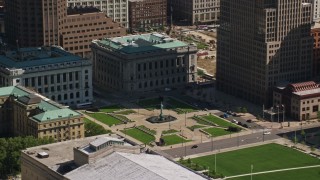 AX107_044 - 4.8K aerial stock footage orbiting Cleveland Mall and Courthouse, Downtown Cleveland, Ohio