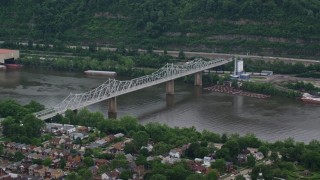 AX107_148E - 4.8K aerial stock footage of the Ambridge–Aliquippa Bridge spanning Ohio River, Pennsylvania