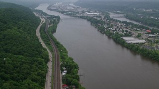 AX107_157E - 4.8K aerial stock footage approaching a small bridge spanning Ohio River to Neville Island, Pittsburgh