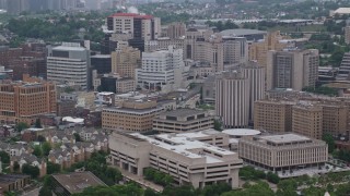 AX107_188E - 4.8K aerial stock footage of campus buildings and dormitories, University of Pittsburgh, Pennsylvania