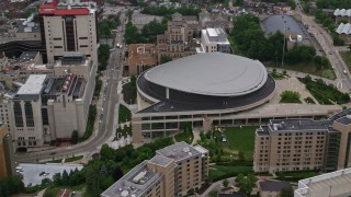 AX107_191E - 4.8K aerial stock footage of Petersen Events Center, University of Pittsburgh, Pennsylvania