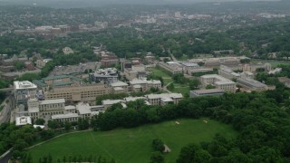 AX107_195 - 4.8K aerial stock footage of Carnegie Mellon University campus, Pittsburgh, Pennsylvania