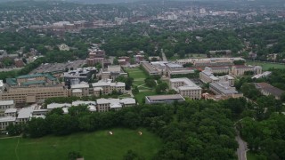 AX107_195E - 4.8K aerial stock footage of Carnegie Mellon University campus, Pittsburgh, Pennsylvania