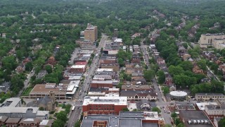 AX107_197E - 4.8K aerial stock footage flying over homes, apartment buildings, American Jewish Museum, and Frick Park in Pittsburgh, Pennsylvania