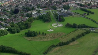 AX109_014 - 5.5K aerial stock footage orbit Robert the Bruce statue, Stirling, Scotland