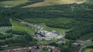 AX109_137 - 5.5K aerial stock footage flyby Falkirk Wheel by trees, Scotland